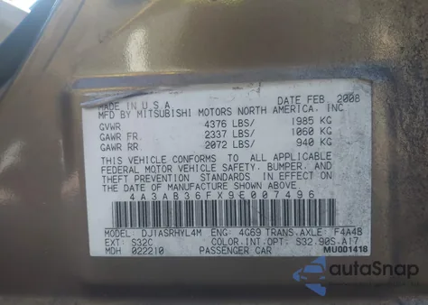 2009 Mitsubishi Galant Es/Sport Edition из США, поврежденный, VIN 4A3AB36FX9E007496